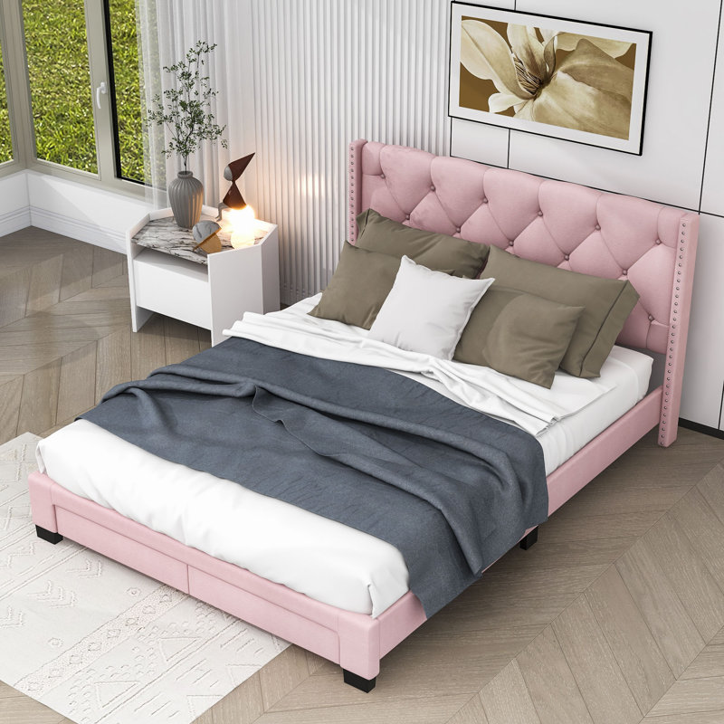 House of Hampton Guraman Queen Size Linen Upholstered Low Profile Storage Platform Bed Wayfair